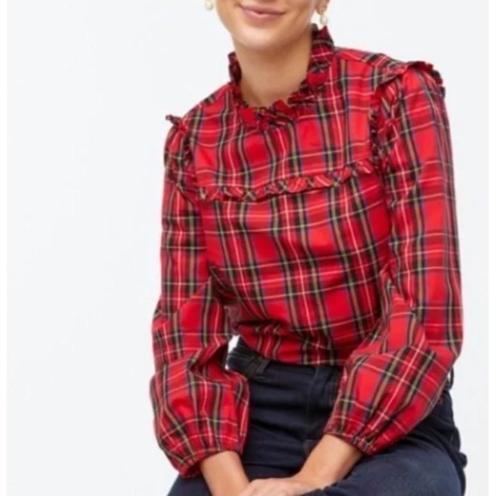 J Crew Red Tartan Plaid Cotton Ruffled Long Sleeve Blouse Size XS